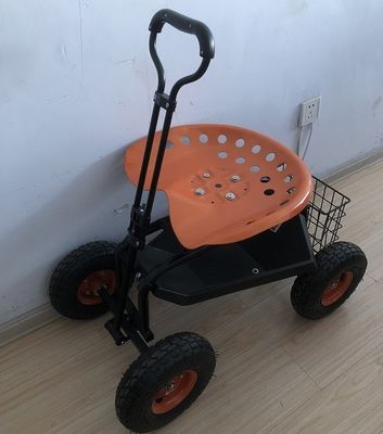Βαρέων καθηκόντων κάθισμα εργασίας κήπων κυλώντας με το δίσκο εργαλείων που φυτεύει το πορτοκάλι
